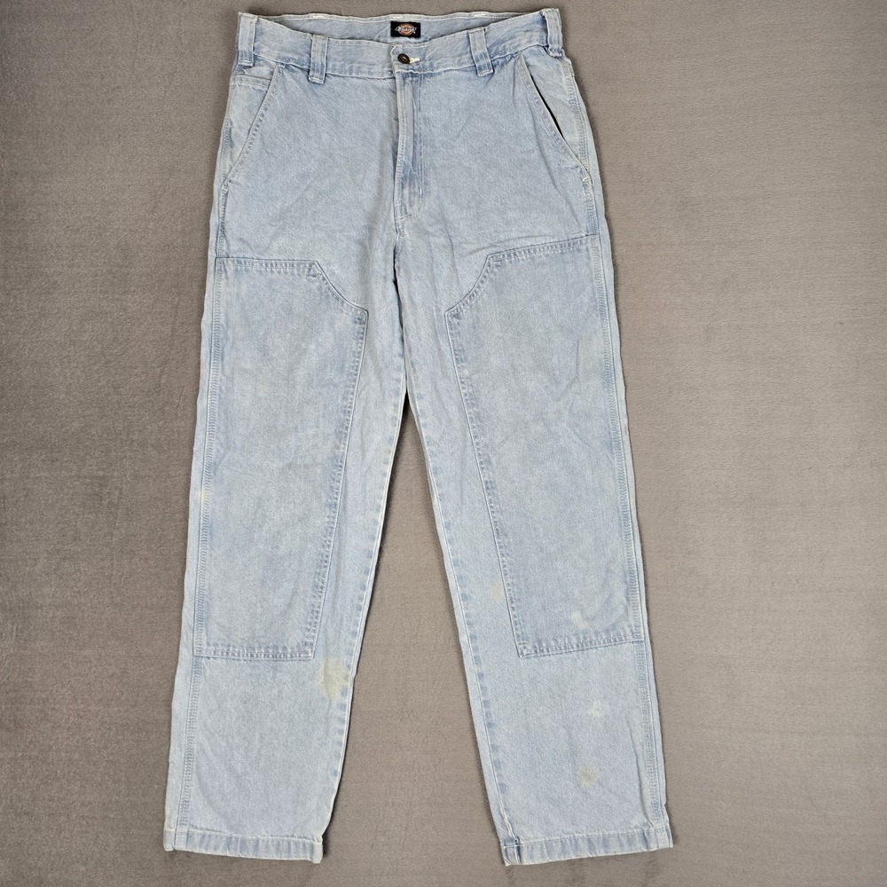 Dickies Jeans Mens 32x32 Double Knee Carpenter Light Wash Blue Denim Work Pants